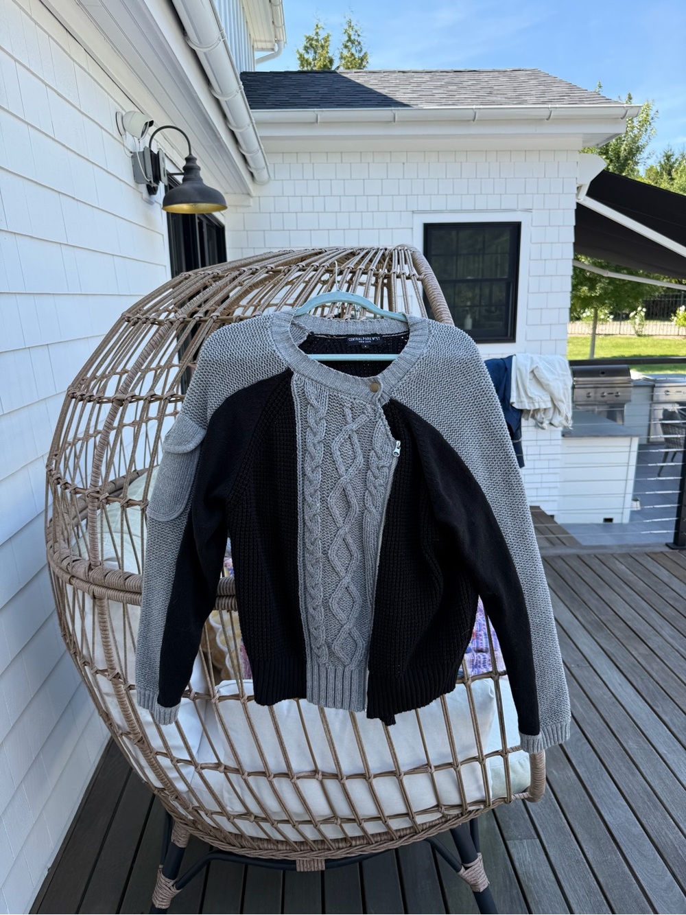 Central Park West Black and Gray Cable Knit Cardigan Sweater